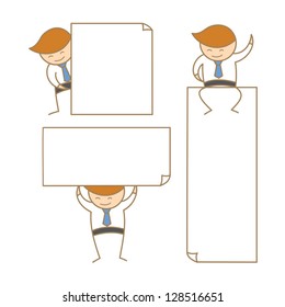 cartoon character of business man present empty white board