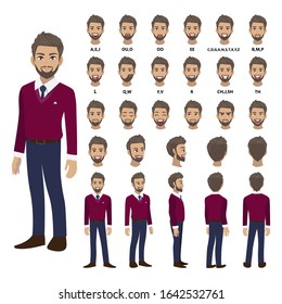 Cartoon character with business man in purple sweater shirt for animation. Front, side, back, 3-4 view character. Separate parts of body. Flat vector illustration.