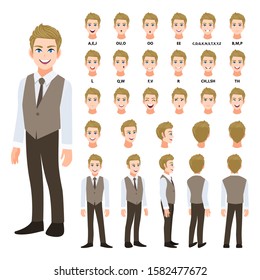 Cartoon character with business man in smart shirt and waistcoat for animation. Front, side, back, 3-4 view character. Separate parts of body. Flat vector illustration.