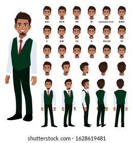 Cartoon character with business man in smart shirt and waistcoat for animation. Front, side, back, 3-4 view character. Separate parts of body. Flat vector illustration.