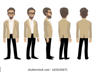 Cartoon character with business man in a smart suit for animation. Front, side, back, 3-4 view animated character. Flat vector illustration.