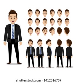 Cartoon character with business man in suit for animation. Man head set, front, side, back, 3-4 view character. Separate parts of body. Flat vector illustration.