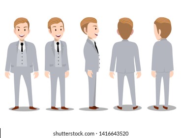 Cartoon character with business man in suit for animation. Front, side, back, 3/4 view character. Separate parts of body. Flat vector illustration.