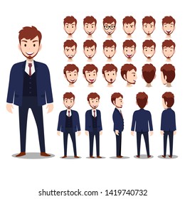 Cartoon character with business man in suit for animation. Man head set, front, side, back, 3-4 view character. Separate parts of body. Flat vector illustration.