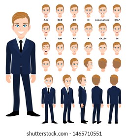 Cartoon character with business man in suit for animation. Front, side, back, 3-4 view character. Separate parts of body. Flat vector illustration.