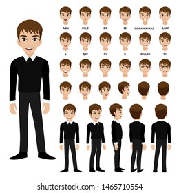 Cartoon character with business man in suit for animation. Front, side, back, 3-4 view character. Separate parts of body. Flat vector illustration.