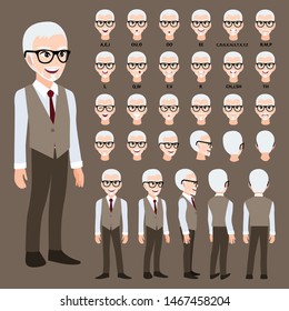 Cartoon character with business man in suit for animation. Front, side, back, 3-4 view character. Separate parts of body. Flat vector illustration.