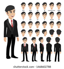 Cartoon character with business man in suit for animation. Front, side, back, 3-4 view character. Separate parts of body. Flat vector illustration.