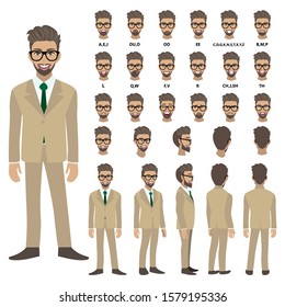 Cartoon character with business man in suit for animation. Front, side, back, 3-4 view character. Separate parts of body. Flat vector illustration.