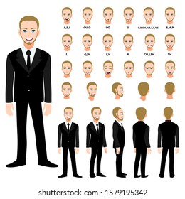 Cartoon character with business man in suit for animation. Front, side, back, 3-4 view character. Separate parts of body. Flat vector illustration.