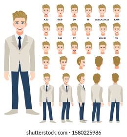 Cartoon character with business man in suit for animation. Front, side, back, 3-4 view character. Separate parts of body. Flat vector illustration.