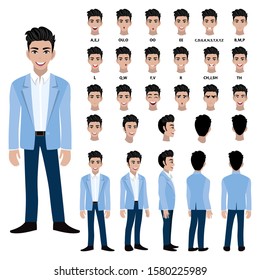 Cartoon character with business man in suit for animation. Front, side, back, 3-4 view character. Separate parts of body. Flat vector illustration.