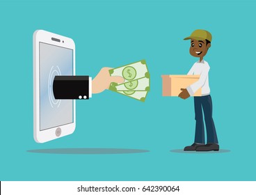 Cartoon character, Business Owners get paid from Sale of online in Smart phone., vector eps10