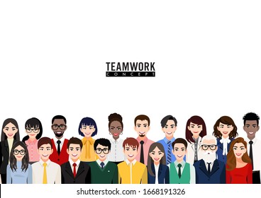 Cartoon character with business people group. Workers team, diverse people standing together and coworkers in casual and suit flat icon vector