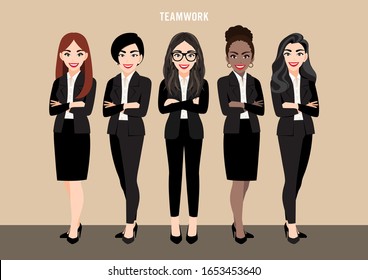 Cartoon character with business team set or leadership concept with businesswomen. Vector illustration in cartoon style.