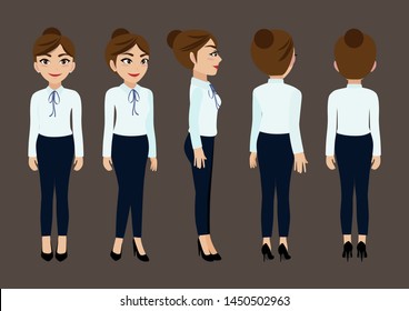 Cartoon character with business woman for animation. Front, side, back, 3-4 view character. Flat vector illustration.