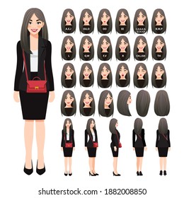 Cartoon character with business woman in black suit and shoulder bag for animation. Front, side, back, 3-4 view character. Separate parts of body. Flat vector illustration.