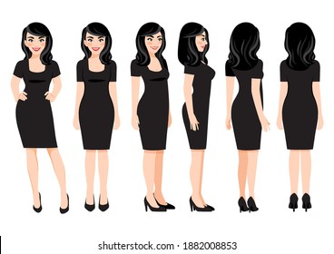 Cartoon character with business woman in black dress for animation. Front, side, back, 3-4 view character. Flat vector illustration.