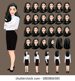 Cartoon character with business woman in black dress for animation. Front, side, back, 3-4 view character. Separate parts of body. Flat vector illustration.