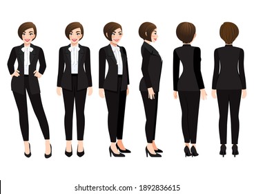 Cartoon character with business woman in black suit for animation. Front, side, back, 3-4 view character. Flat vector illustration
