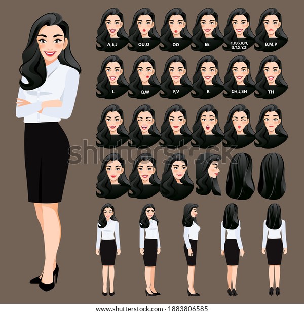 Cartoon character with business woman in\
black dress for animation. Front, side, back, 3-4 view character.\
Separate parts of body. Flat vector\
illustration.
