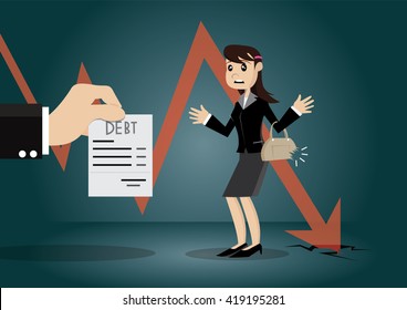 Cartoon character, Business woman, financial failure and must pay debt., vector eps10