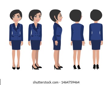 Cartoon character with business woman. Front, side, back, 3-4 view animated character. Flat vector illustration.