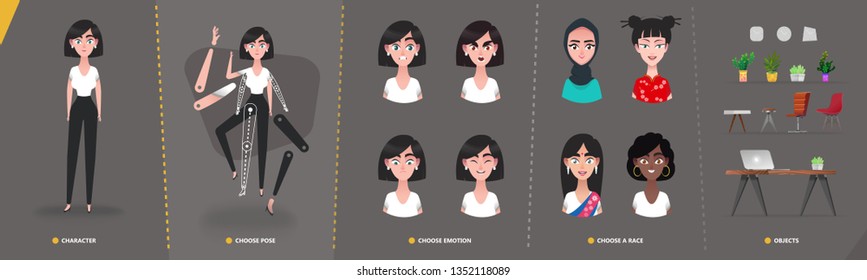 Cartoon  character business woman  girl  for animation and motion design. Set interior objects in flat cartoon style