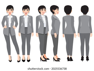 Cartoon character with business woman in grey smart suit for animation. Front, side, back, 3-4 view character. Flat vector illustration 