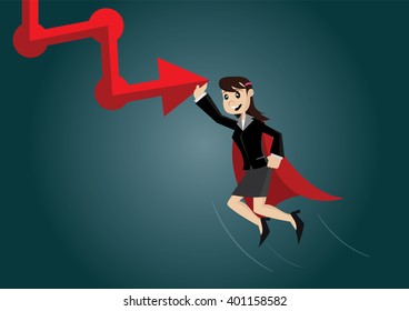 Cartoon character, Business woman helping graph arrow going down., vector eps10