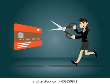 Cartoon character, Business woman holding scissors to cut credit card., vector eps10