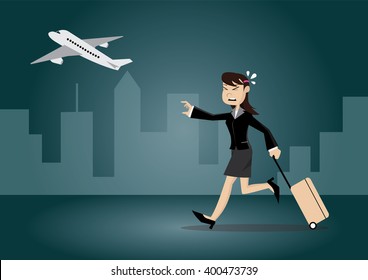 Cartoon character, Business woman late for a flight., vector eps10