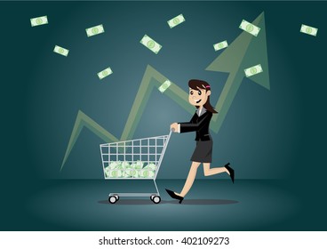 Cartoon character, Business woman with shopping cart grab money from the Better Business., vector eps10