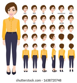 Cartoon character with business woman in smart shirt for animation. Front, side, back, 3-4 view character. Separate parts of body. Flat vector illustration.