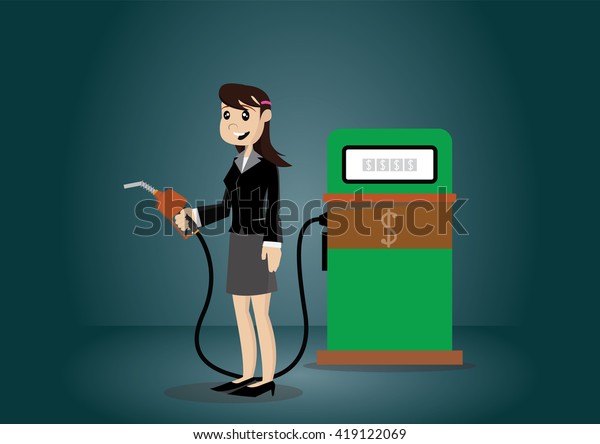 Cartoon character, Business woman standing on a\
filling station., vector\
eps10