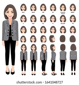 Cartoon character with business woman in suit for animation. Front, side, back, 3-4 view character. Separate parts of body. Flat vector illustration.