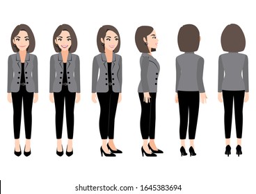 Cartoon character with business woman in suit for animation. Front, side, back, 3-4 view character. Flat vector illustration.