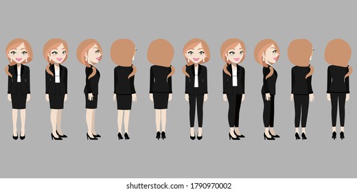 Cartoon character with business woman in suit for animation. Front, side, back, 3-4 view character. Flat vector illustration.