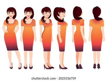 Cartoon character and business woman in sunset gradient color dress for animation  Front  side  back  3  4 view character  Flat vector illustration