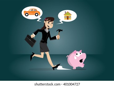 Cartoon character, Business woman trying to break the piggy bank for car and home., vector eps10