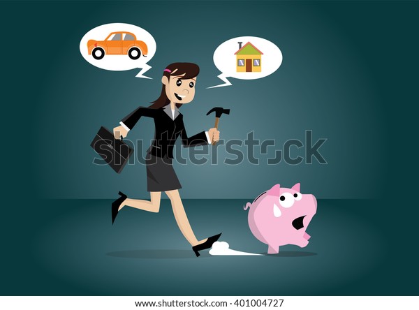 Cartoon character, Business woman\
trying to break the piggy bank for car and home., vector\
eps10