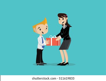 Cartoon character, Business women gets a birthday gift., vector eps10