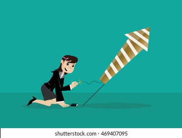 Cartoon character, Business women kindle firework rocket., vector eps10