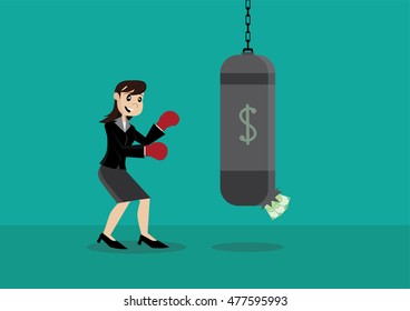 Cartoon character, Business women practicing punching dollar sandbags., vector eps10