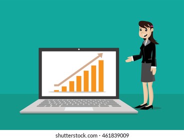 Cartoon character, Business women present graphs on the in computer laptop display., vector eps10