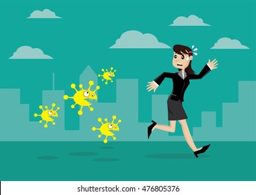 Cartoon Character, Business Women Running Away From Viruses And Contagious Diseases., Vector Eps10