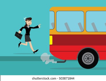 Cartoon character, Business women running to the bus, concept working late., vector eps10