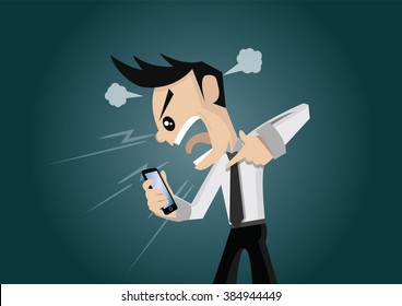 Cartoon Character, Businessman Angry On Smartphone., Vector Eps10