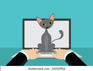 Cartoon character, Businessman being distract by a cat while working on a computer laptop., vector eps10