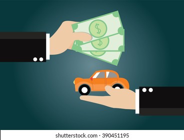 Cartoon Character, Businessman Bought A Car With Cash., Vector Eps10